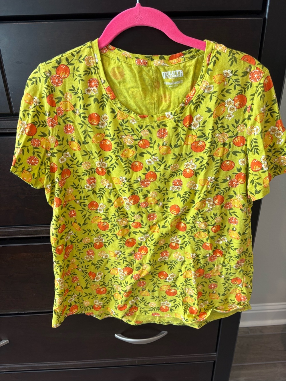 Duluth Trading Co Lime Green Short Sleeve Tee with Orange Citrus Print